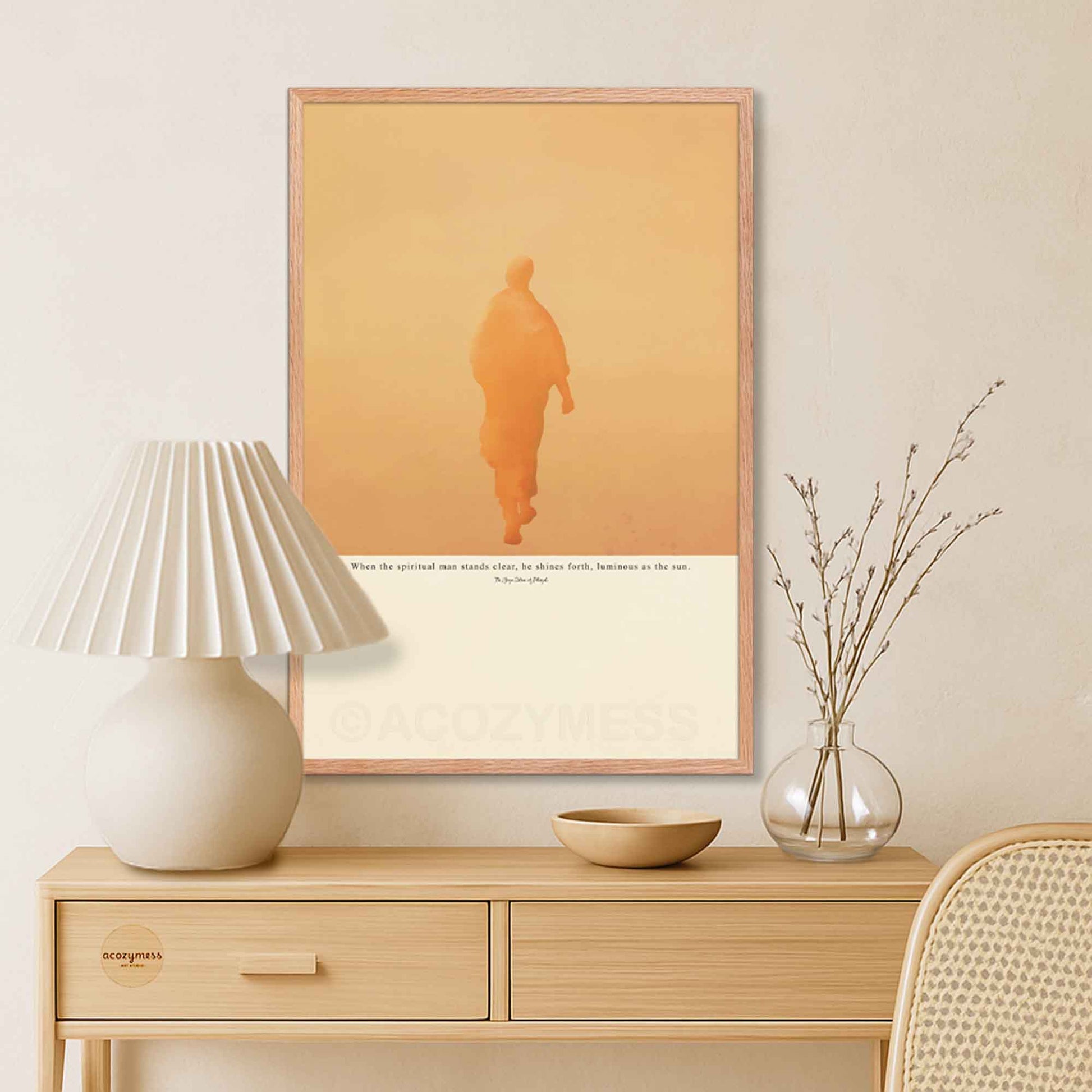 zen wall art of Patanjali Yoga Sutras poster with sun-inspired illustration in oakwood frame on beige background.