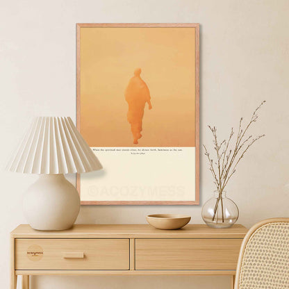 zen wall art of Patanjali Yoga Sutras poster with sun-inspired illustration in oakwood frame on beige background.