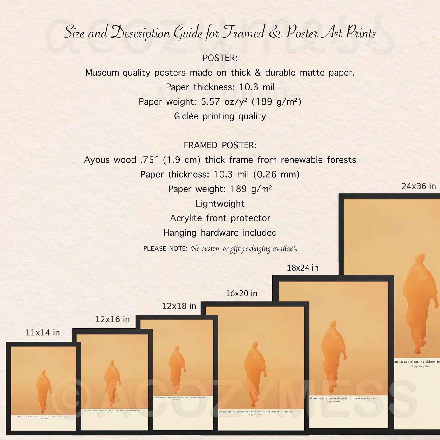 Size and description guide for framed and poster art prints with dimensions and material details.