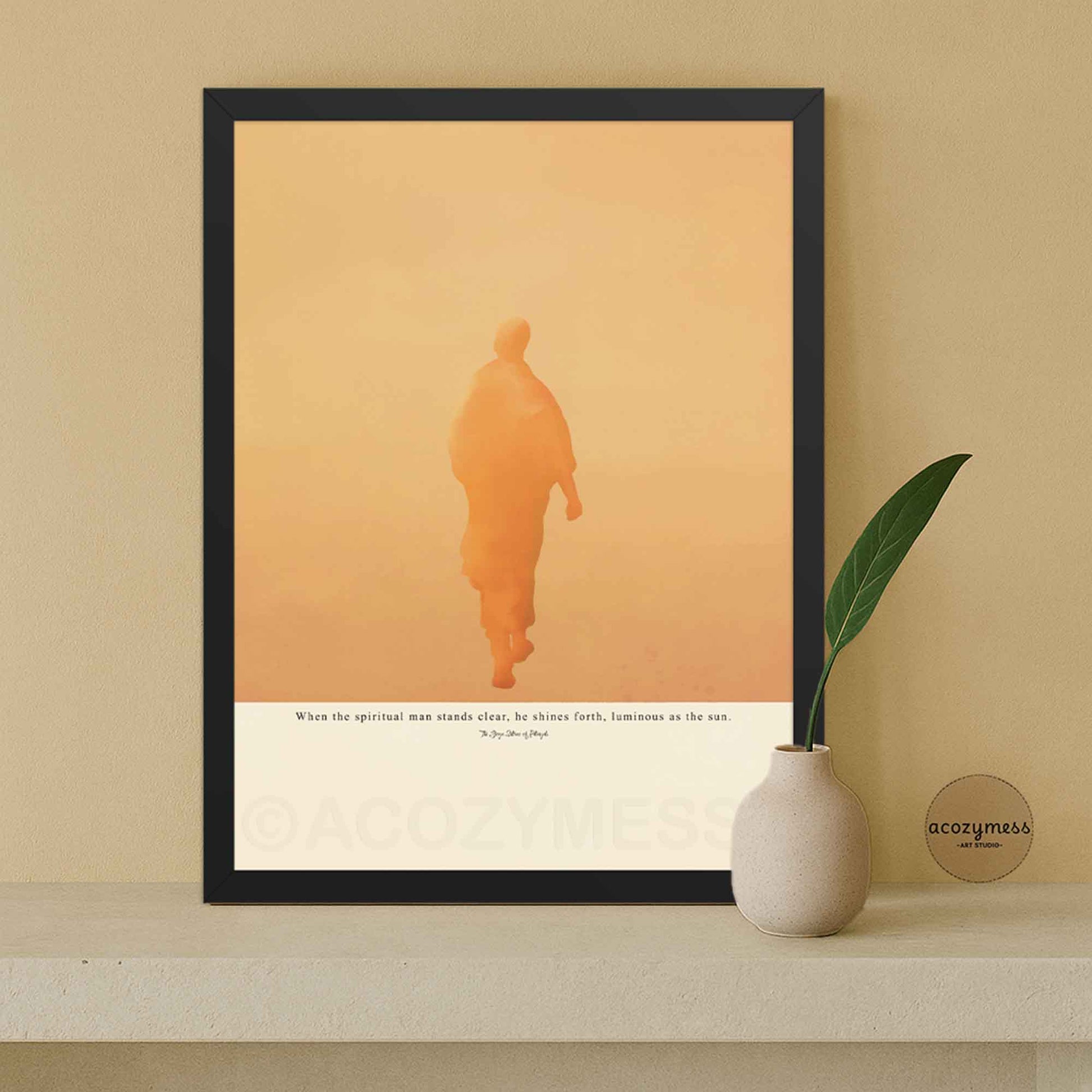 Patanjali Yoga Sutras poster with sun-inspired illustration in black frame on beige background.