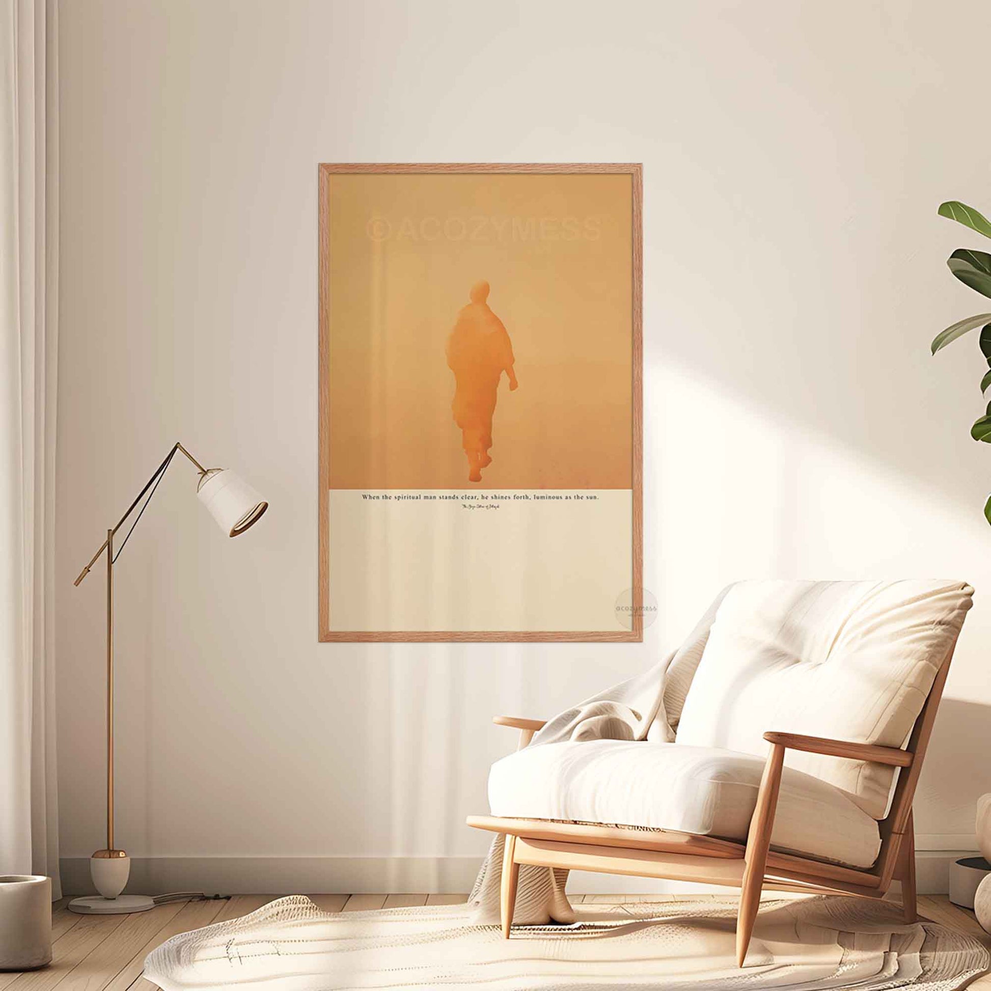 Patanjali Yoga Sutras poster with sun-inspired illustration in oakwood frame on beige background for modern spiritual decor