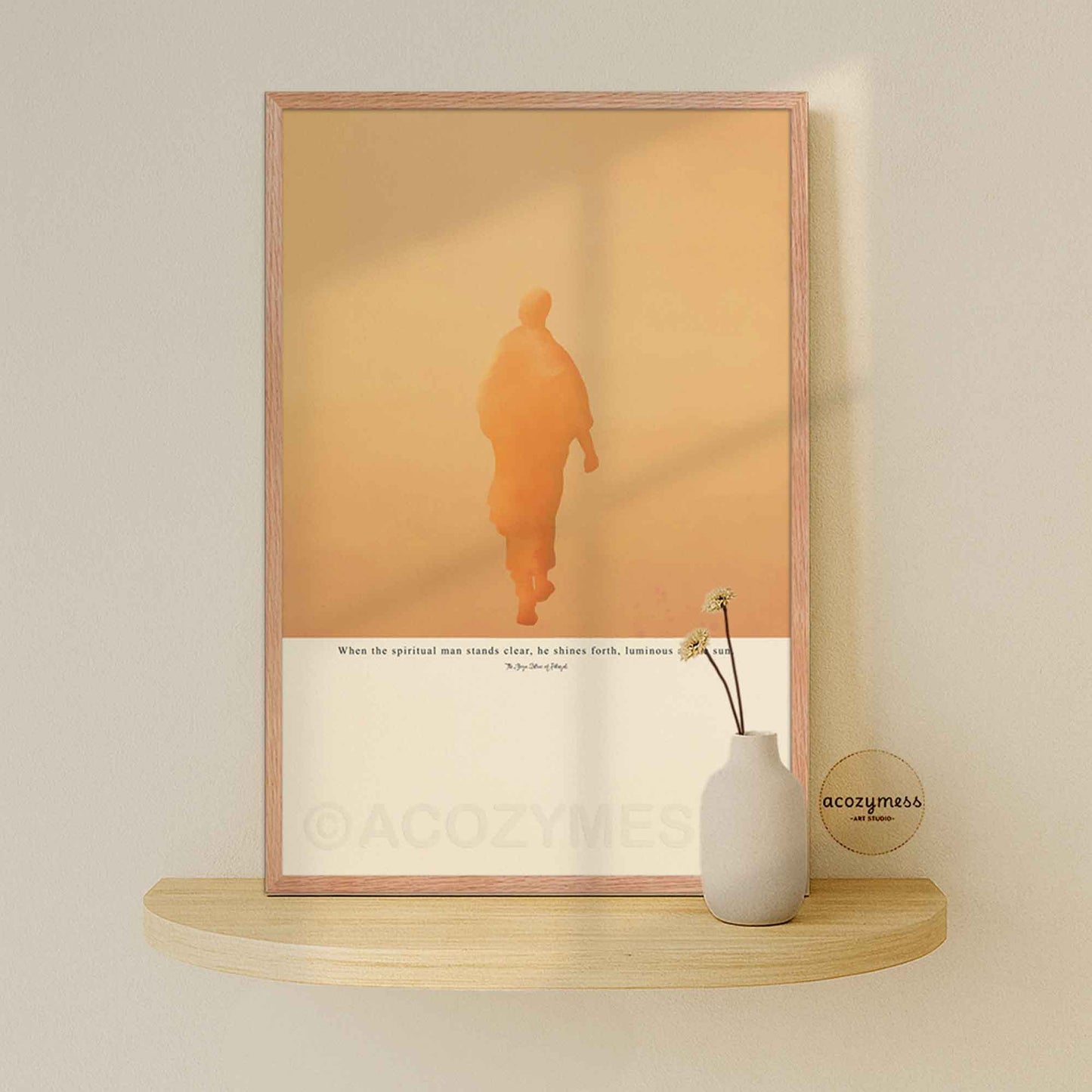 Patanjali Yoga Sutras poster with sun-inspired illustration in oakwood frame on beige background.