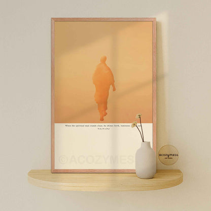 Patanjali Yoga Sutras poster with sun-inspired illustration in oakwood frame on beige background.