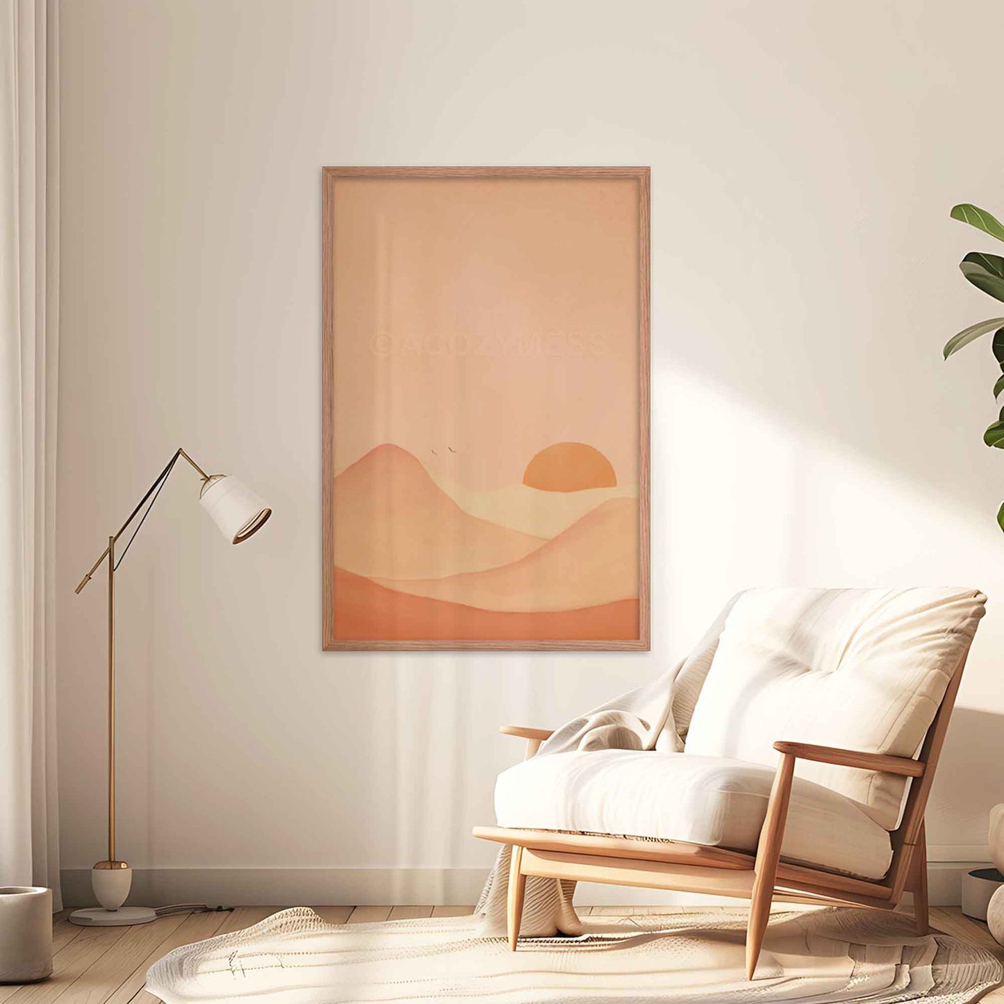 This poster captures the serene beauty of a desert mountain landscape, brought to life with warm tones of brown, yellow, and brown on a soft background in oakwood frame on a living room wall.