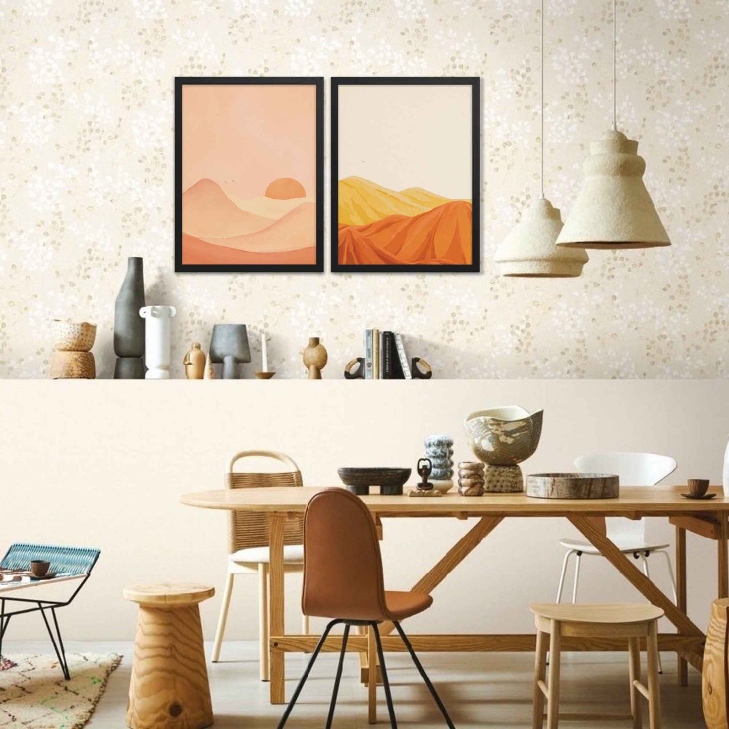 This poster captures the serene beauty of a desert mountain landscape, brought to life with warm tones of brown, yellow, and brown on a soft background in black frame on a gallery wall