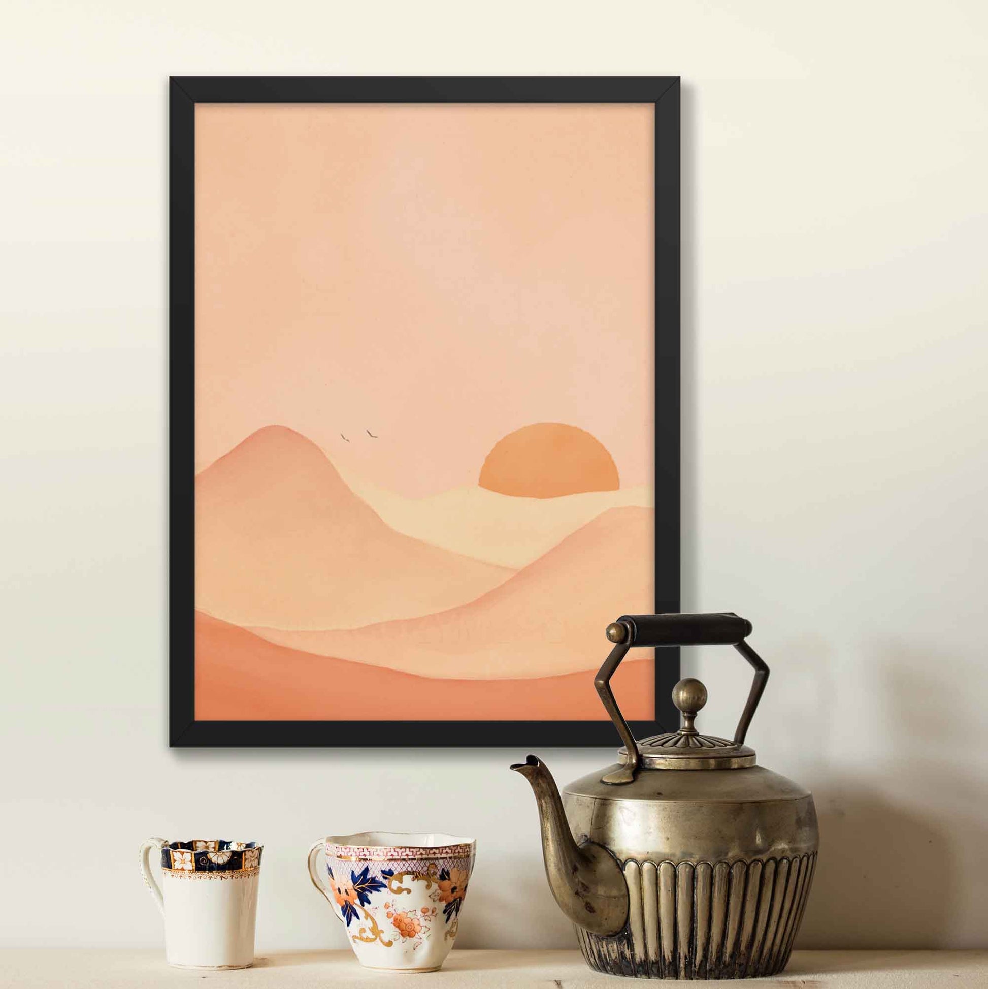 This poster captures the serene beauty of a desert mountain landscape, brought to life with warm tones of brown, yellow, and brown on a soft background in black frame, invoking spiritual and calming vibes.