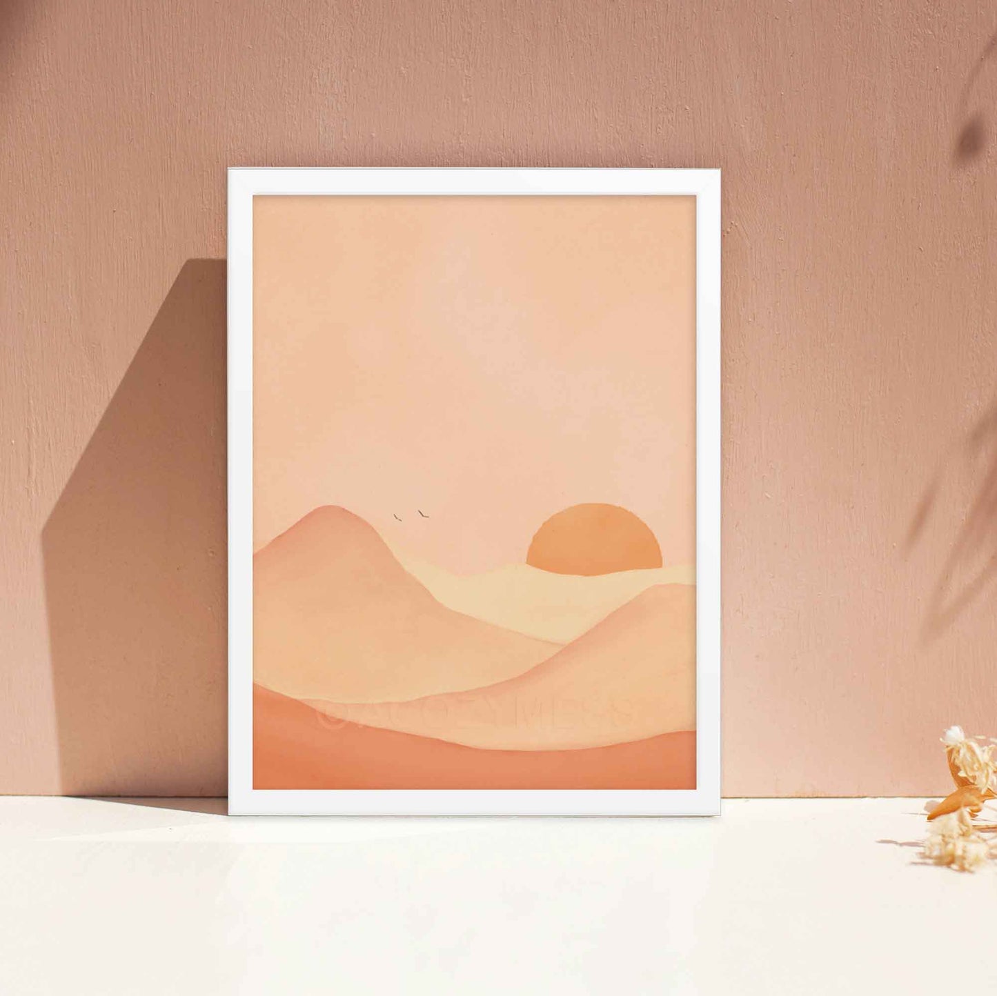 This poster captures the serene beauty of a desert mountain landscape, brought to life with warm tones of brown, yellow, and brown on a soft background in white frame.