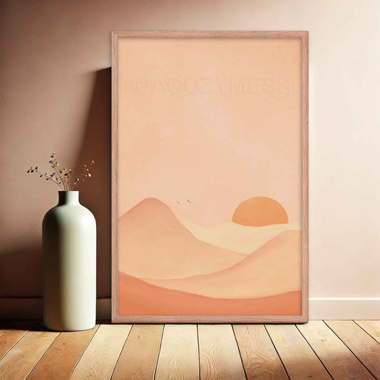 This poster captures the serene beauty of a desert mountain landscape, brought to life with warm tones of brown, yellow, and brown on a soft background in oakwood frame.