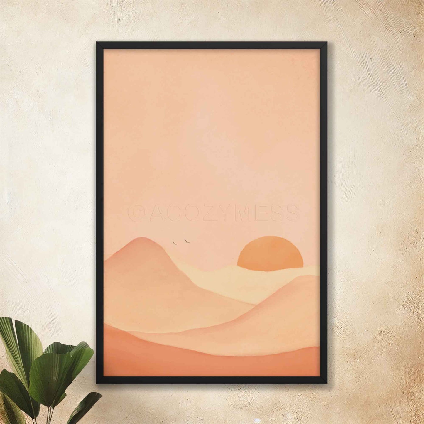 This art poster captures the serene beauty of a desert mountain landscape, brought to life with warm tones of brown, yellow, and brown on a soft background in black frame.