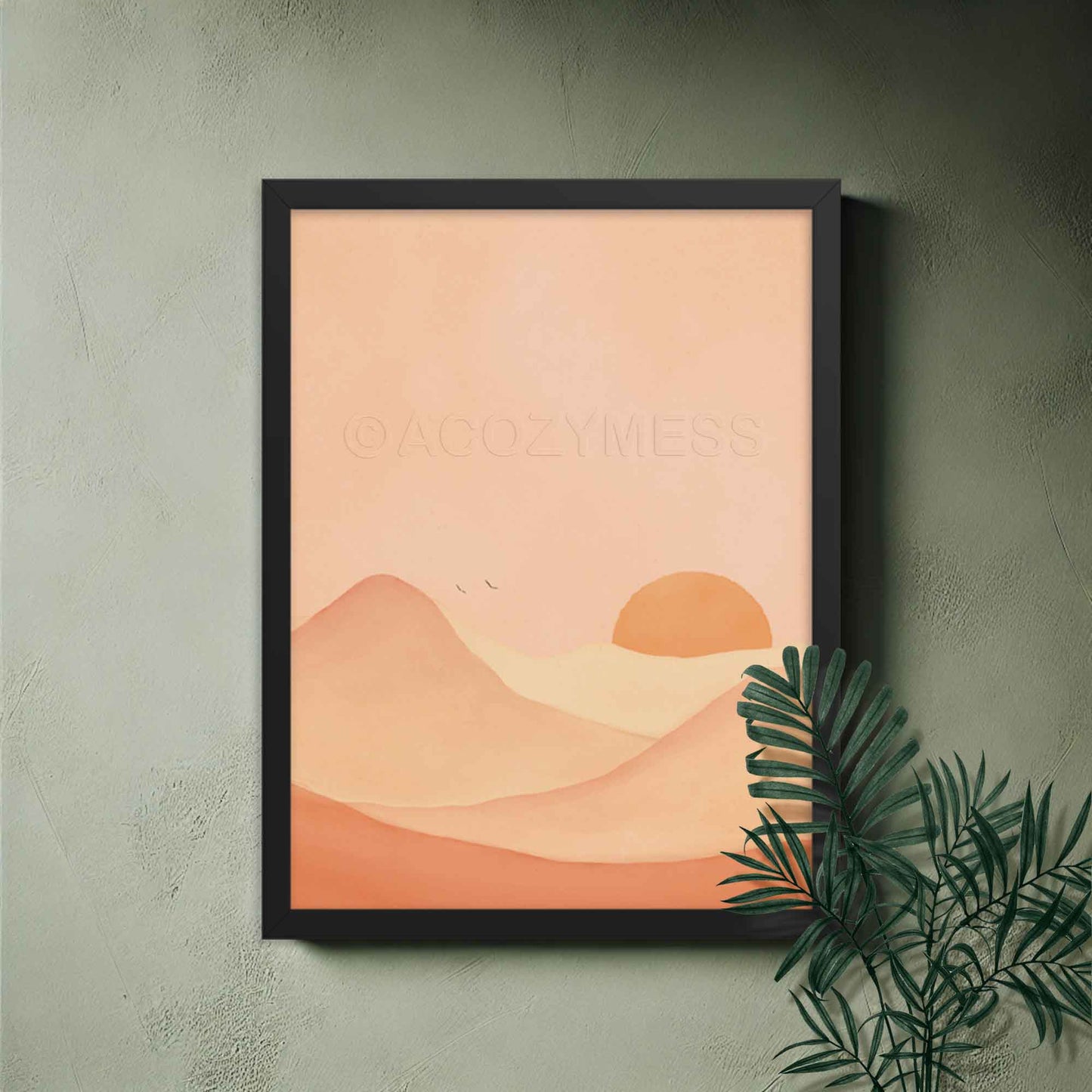 This art print captures the calming beauty of a desert mountain landscape, brought to life with warm tones of brown, yellow, and brown on a soft background in black frame.