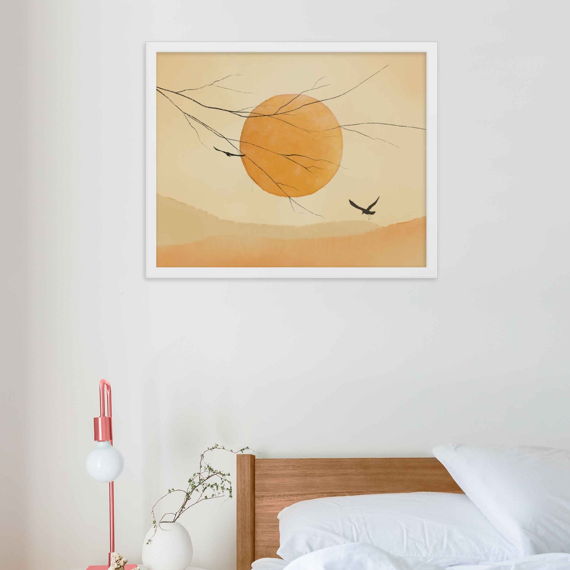 Sun and flying birds art print in soothing and muted  beige and yellow colors, in white frame.