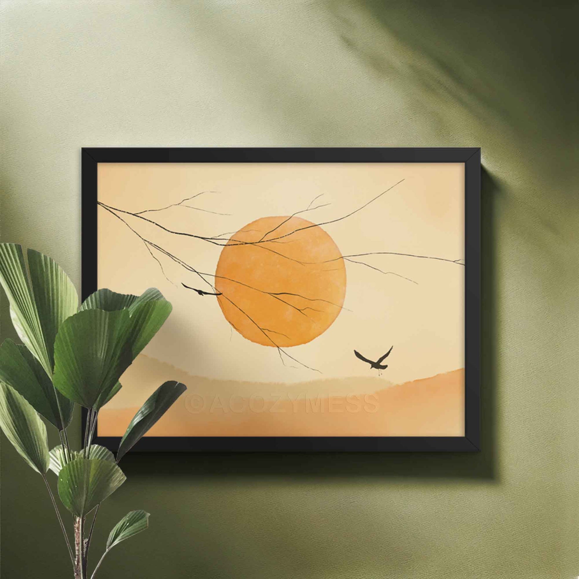 Sun and flying birds art print in soothing and muted  beige and yellow colors, in black frame.