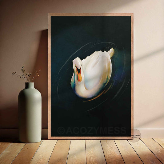 Oakwood Framed artwork of a swan on a dark background.