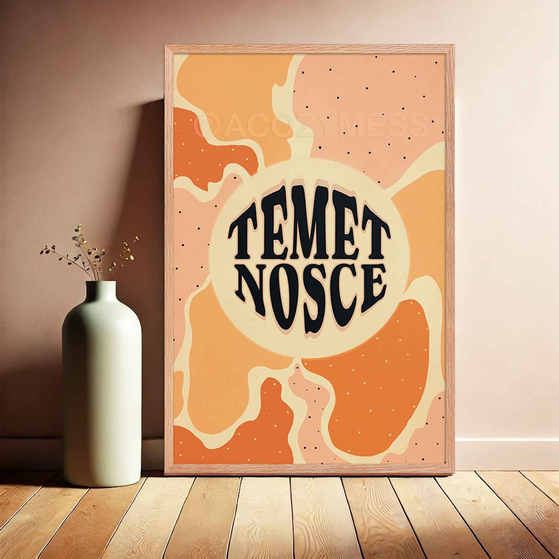 Temet nosce typography poster with abstract design, in oakwood frame.
