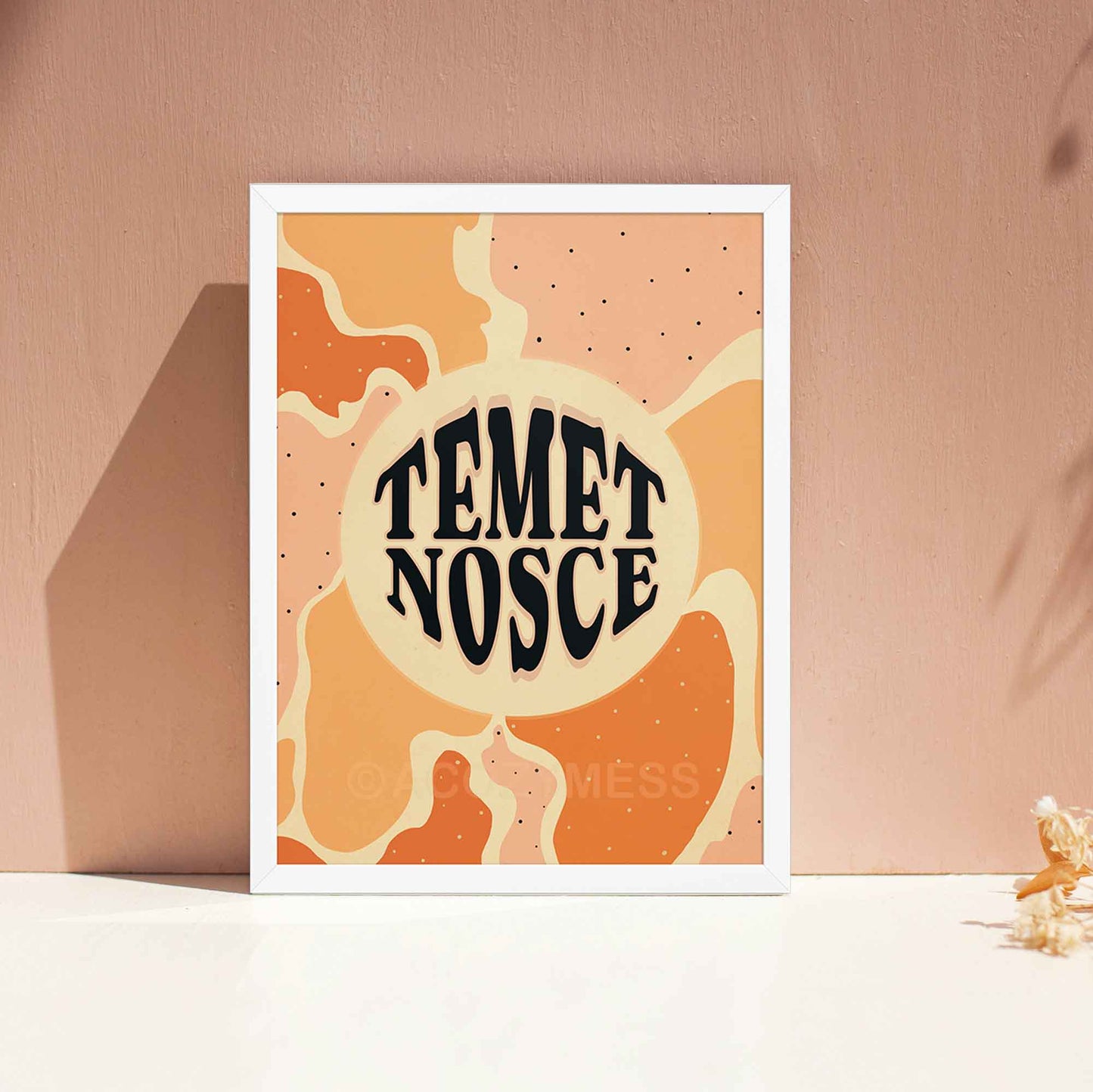 Temet nosce typography poster with abstract design, in white frame.