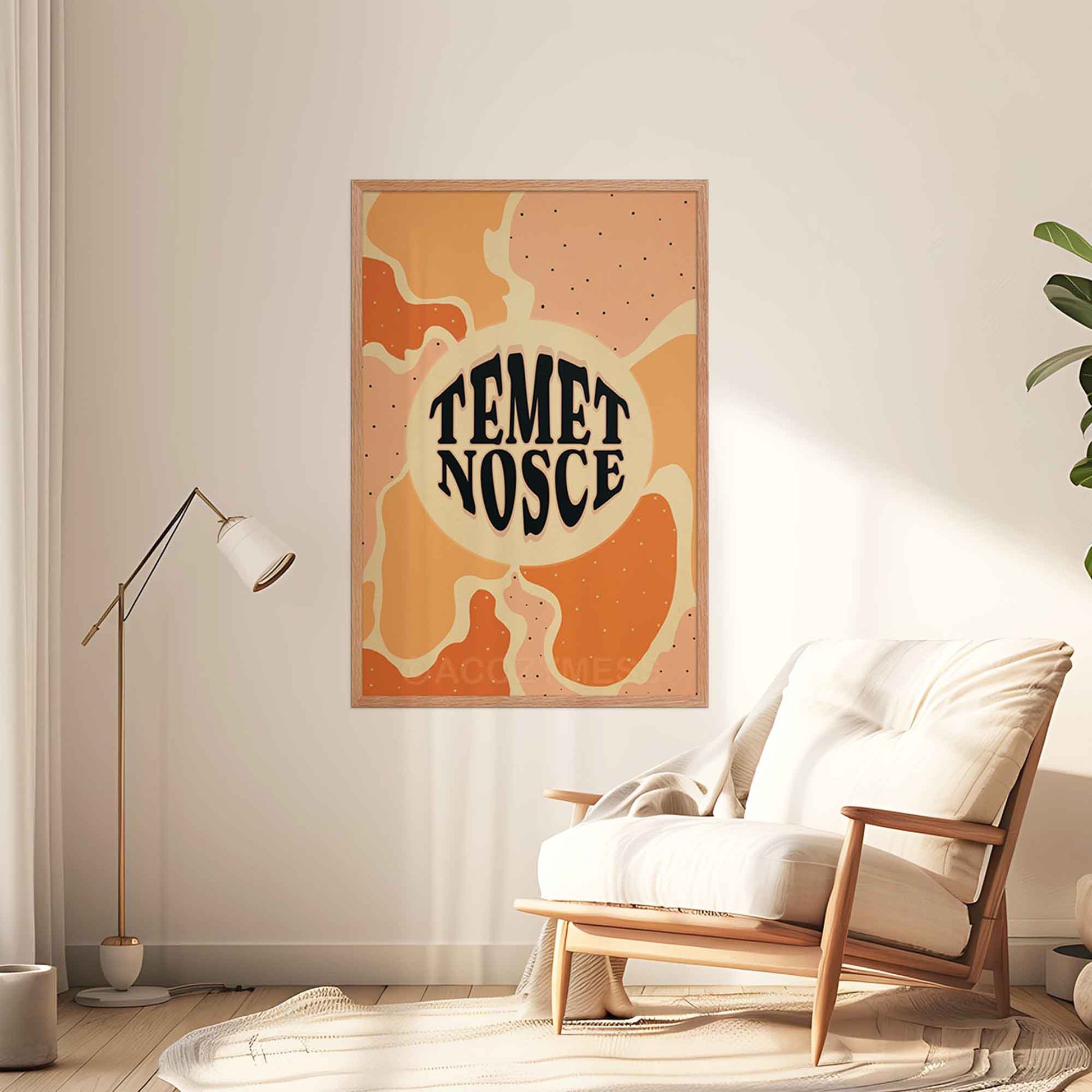 Temet nosce typography poster with abstract artwork in beige, yellow, orange and pink  displayed in oakwood frame. 