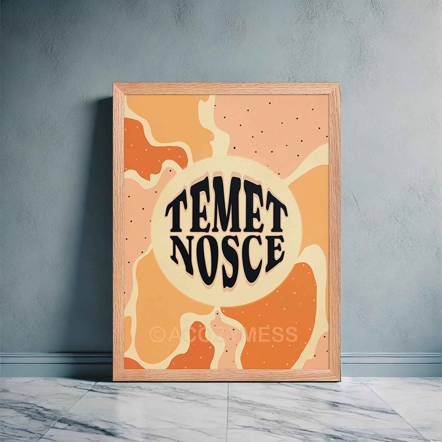 Temet nosce typography poster with abstract art, in oakwood frame.