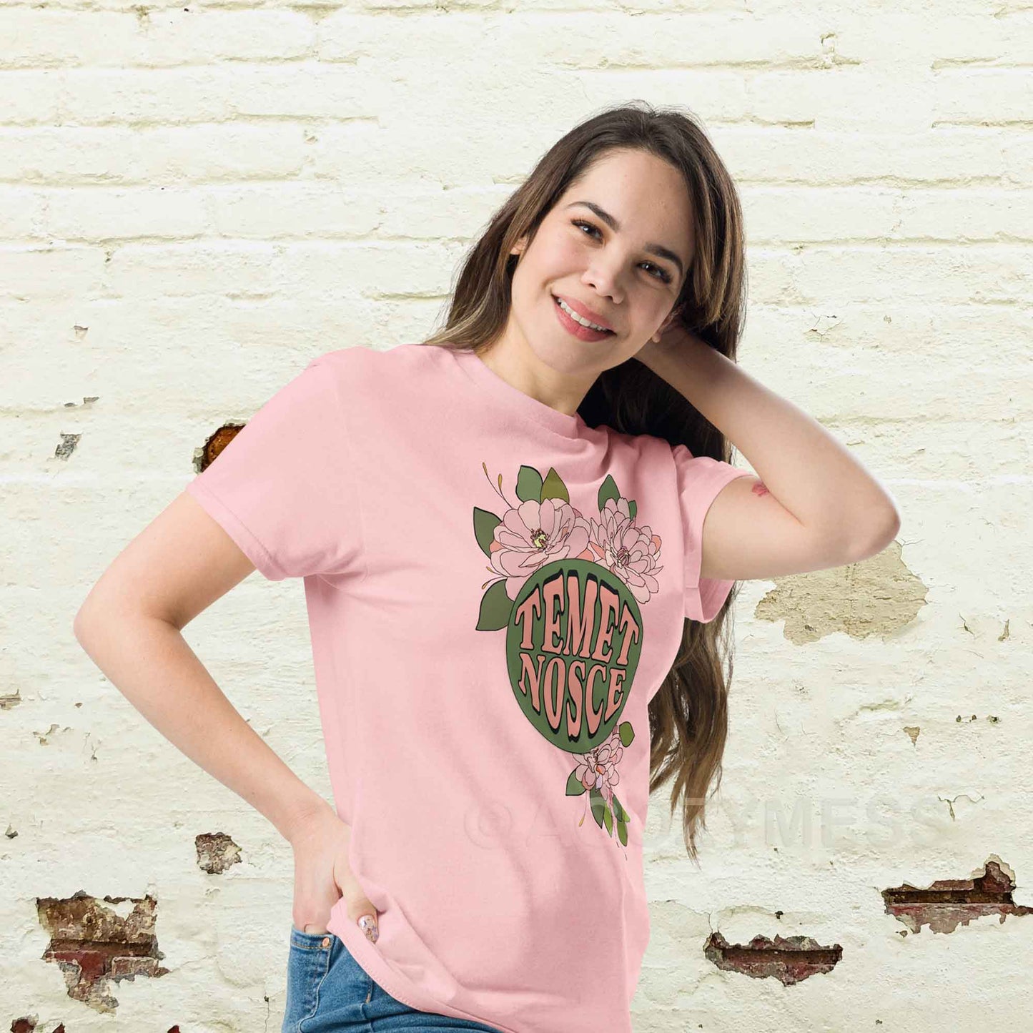 A woman wearing Temet Nosce tshirt, Greek Philosophy Tshirt in Light pink color