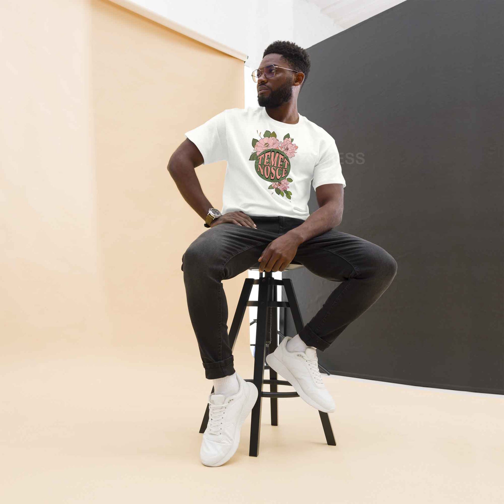 A man wearing Temet Nosce tshirt, Greek Philosophy Tshirt in white color