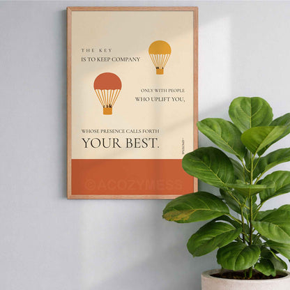 Framed stoic quote motivational poster with hot air balloons on a wall 