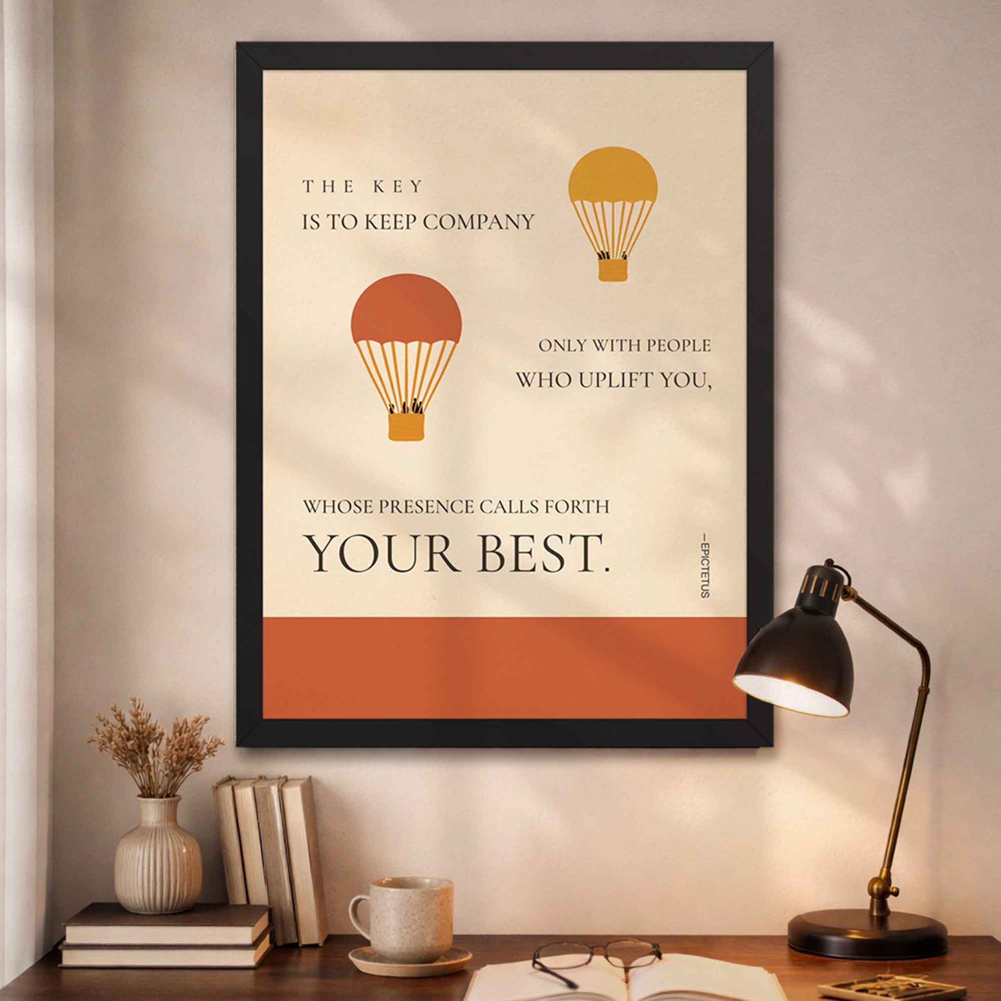 Modern Stoic wall art in black frame featuring uplifting quote