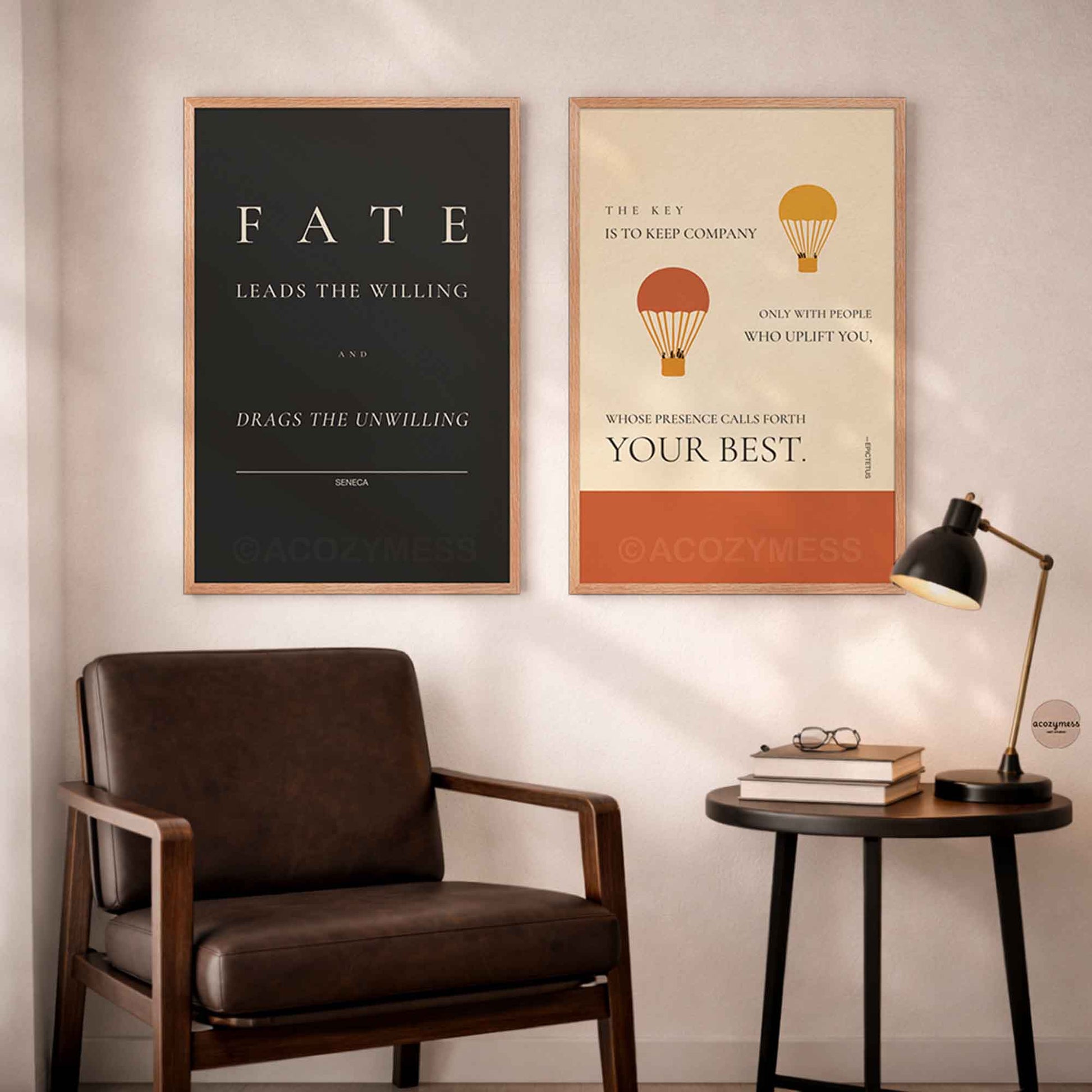 Oakwood frame stoic wall art on office wall.