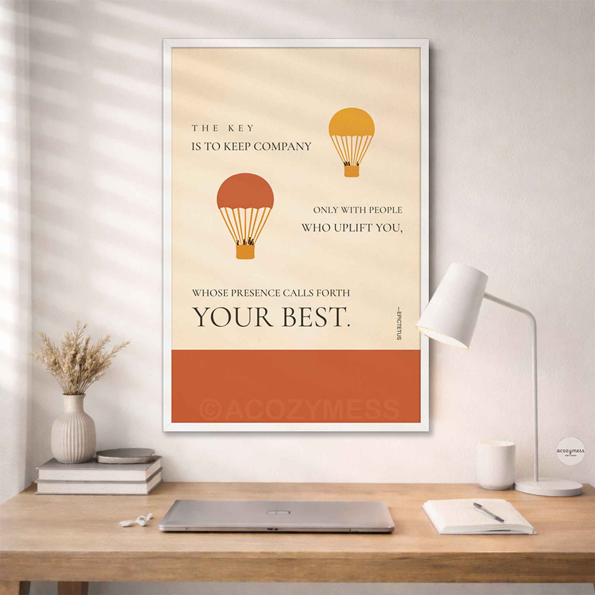 Uplifting philosophy poster framed in white with neutral beige aesthetic