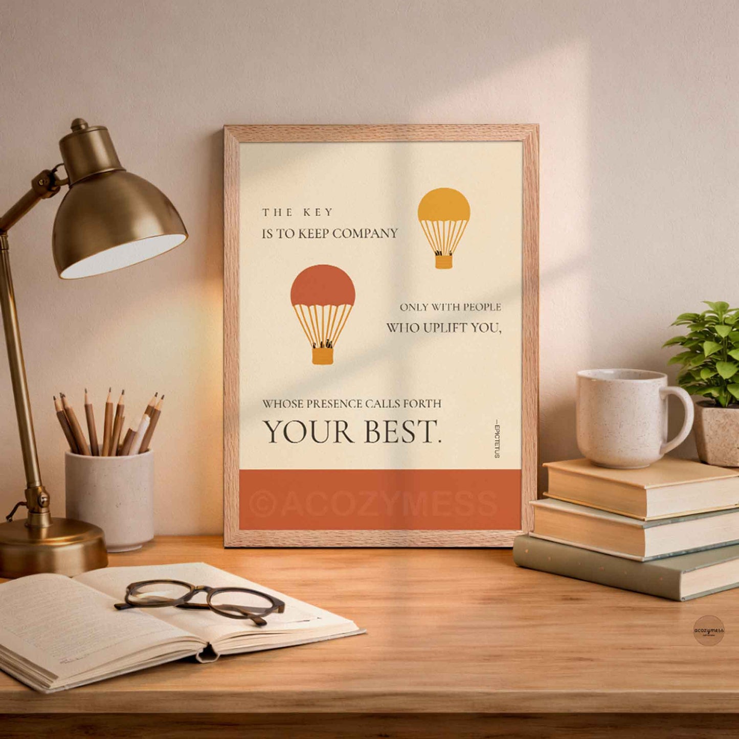 Minimalist Epictetus wall art in oakwood frame with balloon illustration