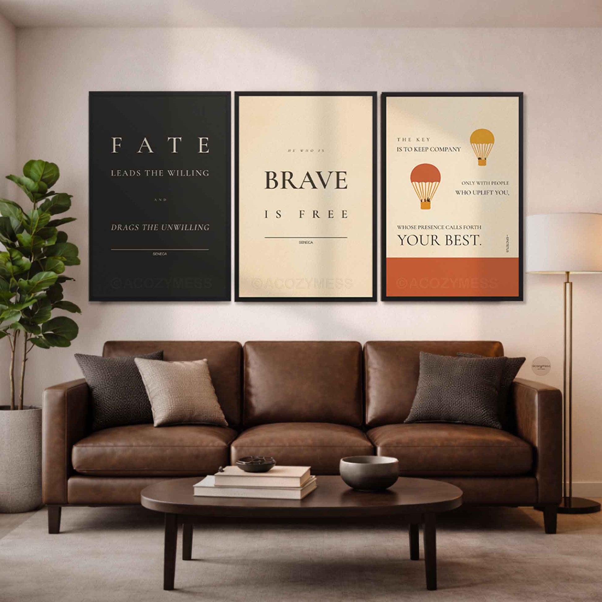 Living room with  stoic quotes motivational posters on the wall in black frame.
