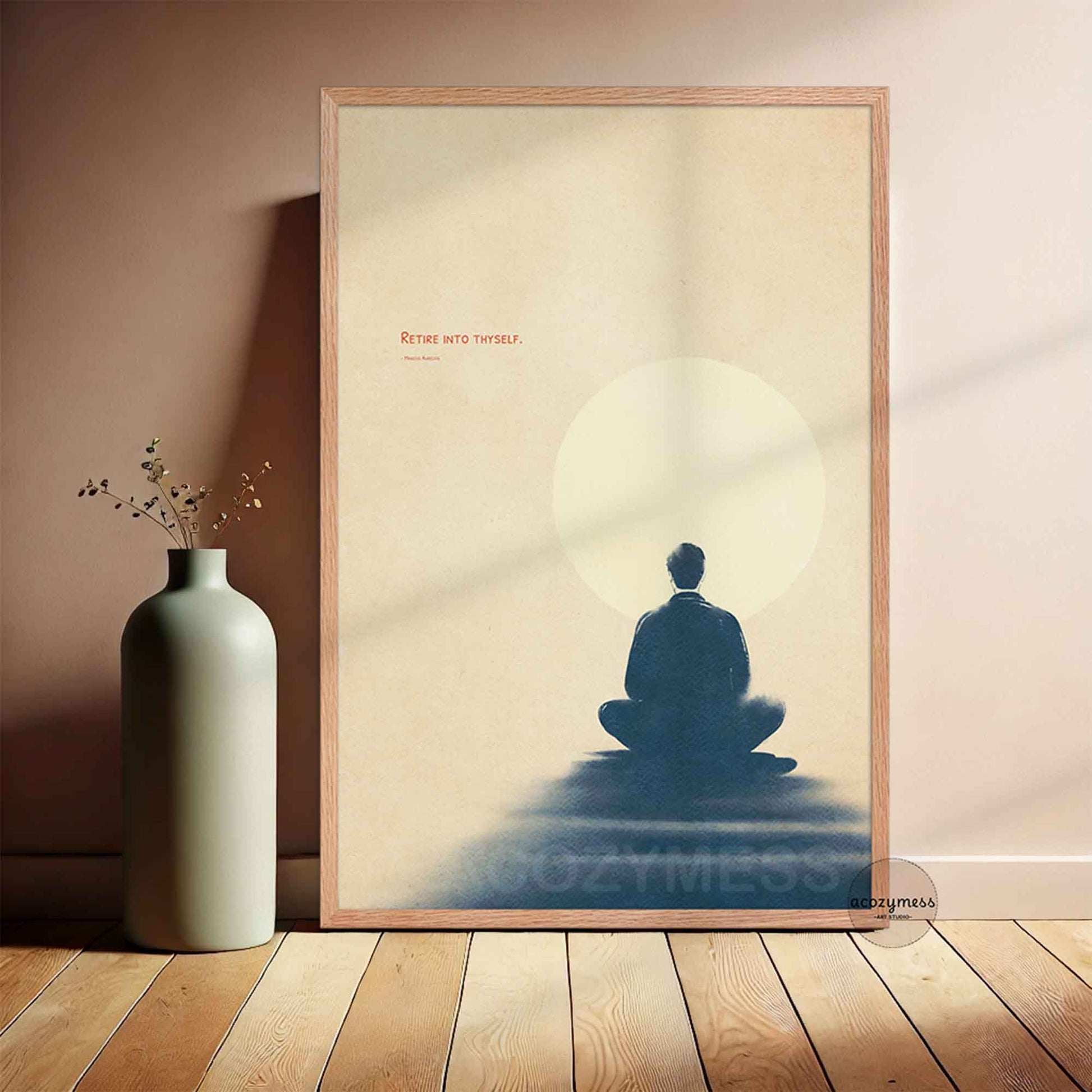 The artwork features a stylized, deep blue illustration of a person in a meditation pose against a warm beige background with the Marcus Aurelius quote "Retire into thyself.