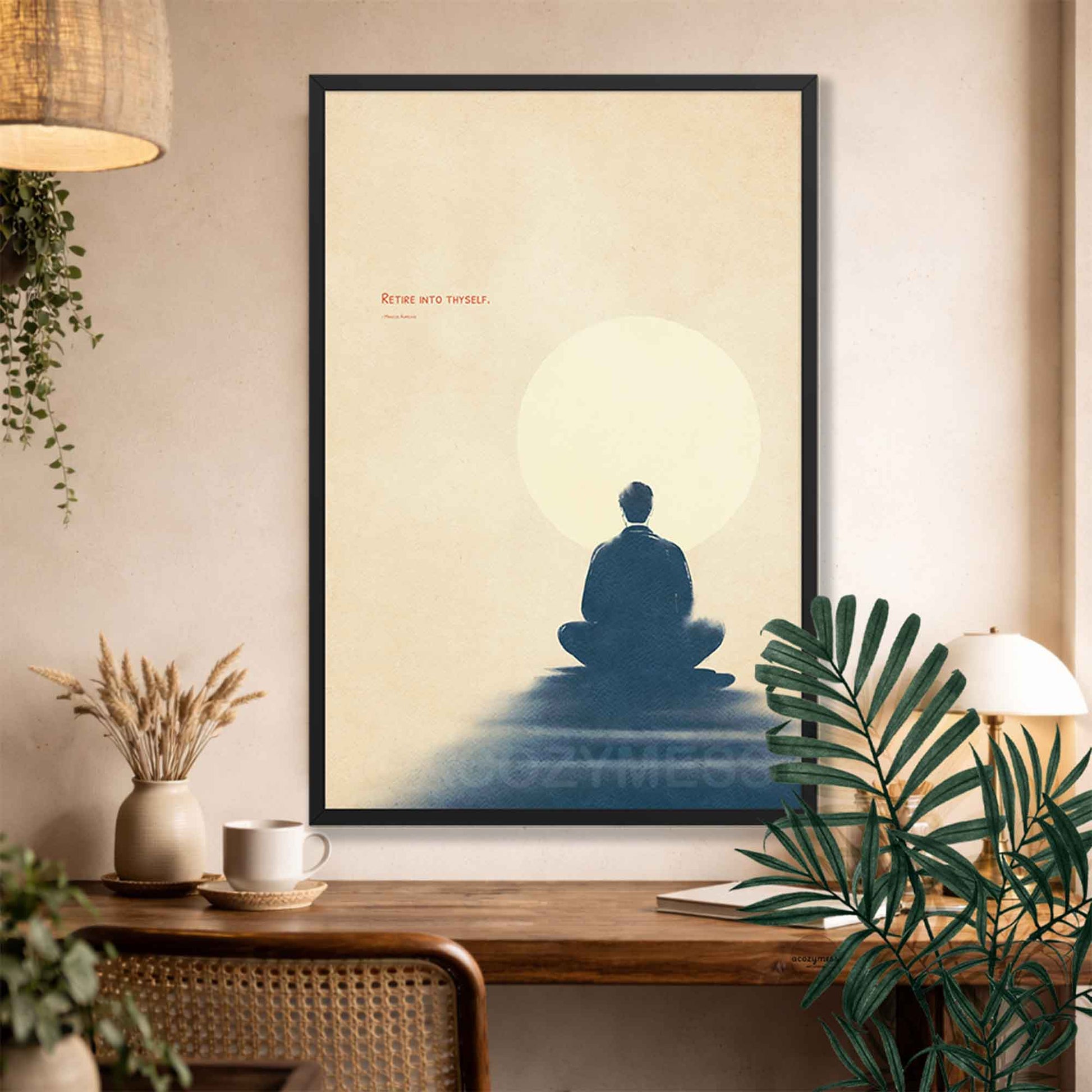 Black Framed artwork of a meditating figure with Marcus Aurelius quote above a desk.