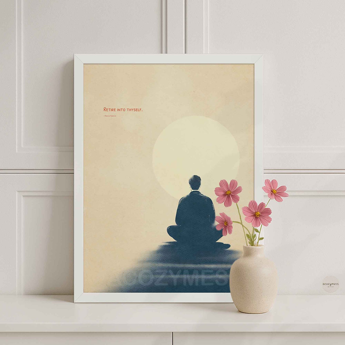 White Framed minimalist Marcus Aurelius "Retire into thyself" Stoic poster featuring a blue and beige meditation illustration.