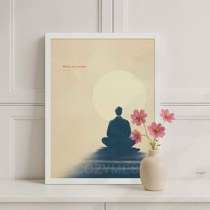 White Framed minimalist Marcus Aurelius "Retire into thyself" Stoic poster featuring a blue and beige meditation illustration.