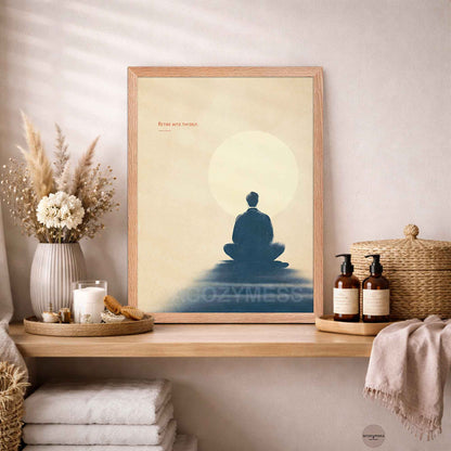Stoic oakwood Framed artwork of a meditating figure with Marcus Aurelius quote.