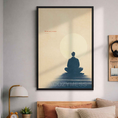 The design depicts a sleek silhouette of a person meditating under the clean typography quote "Retire into thyself" by Marcus Aurelius, hanging above a bed.