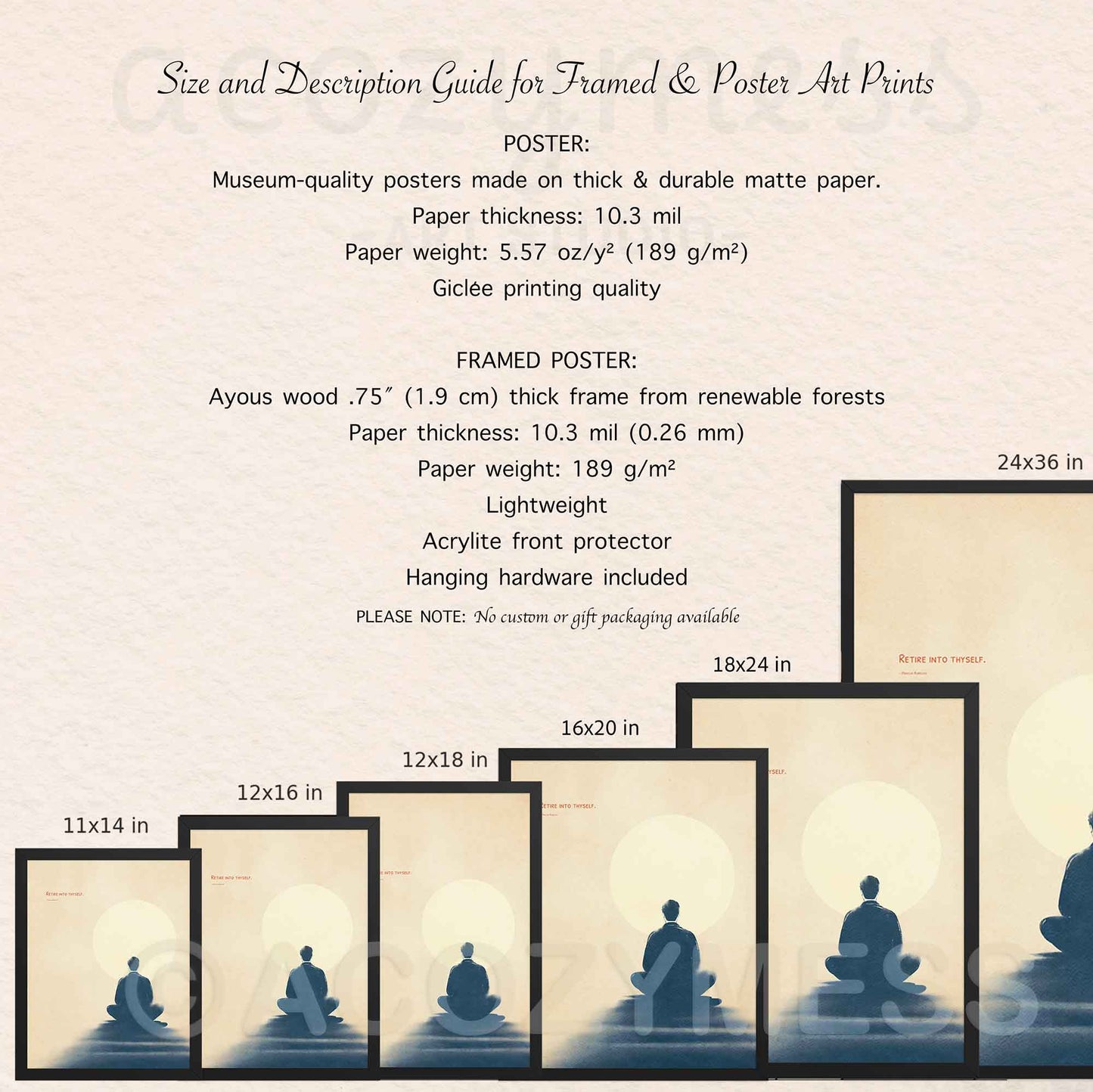 Size and description guide for framed and poster art prints with a meditation theme.