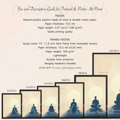 Size and description guide for framed and poster art prints with a meditation theme.