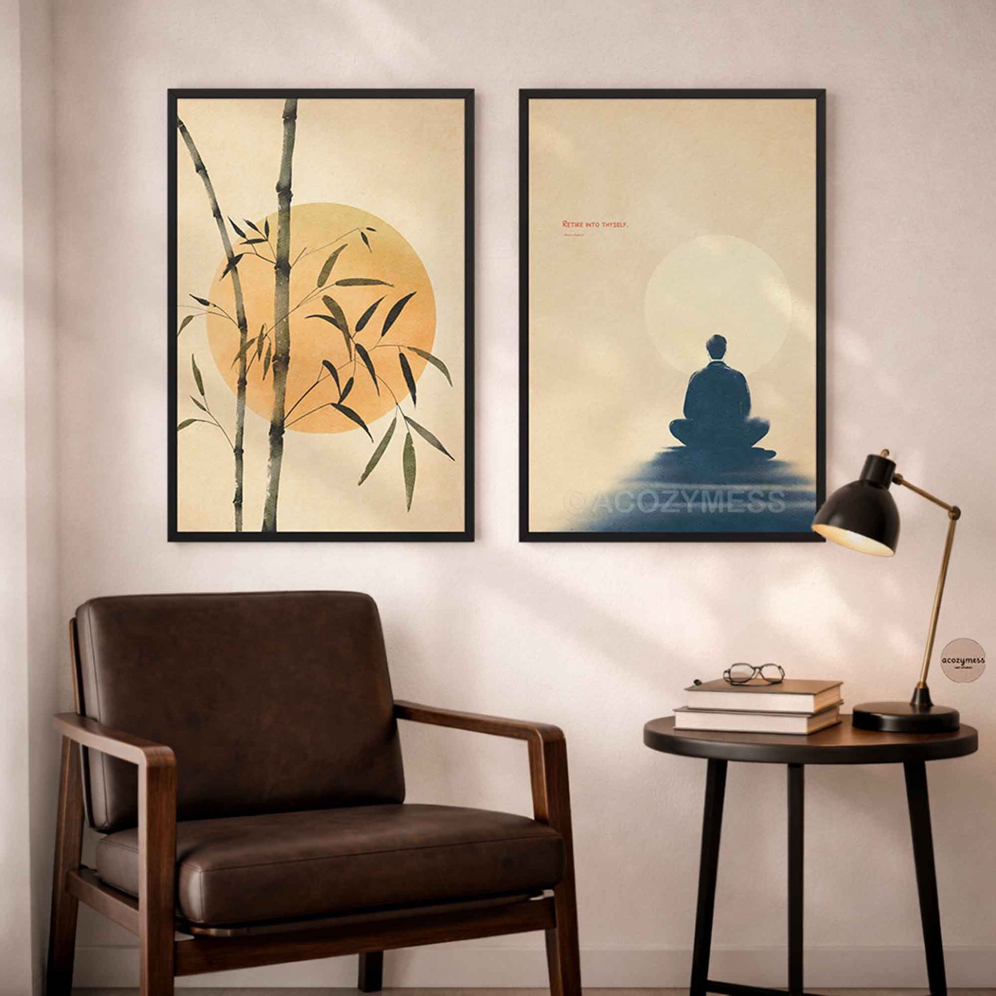 Two framed peaceful artworks on a wall.
