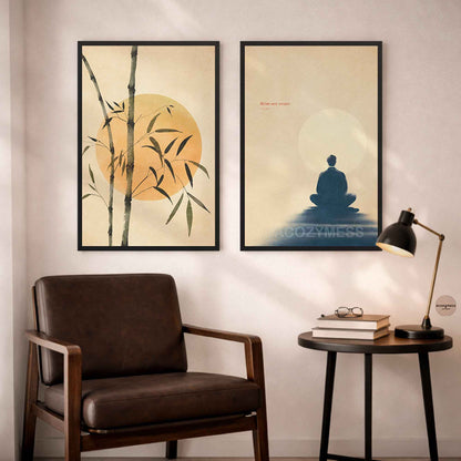 Two framed peaceful artworks on a wall.
