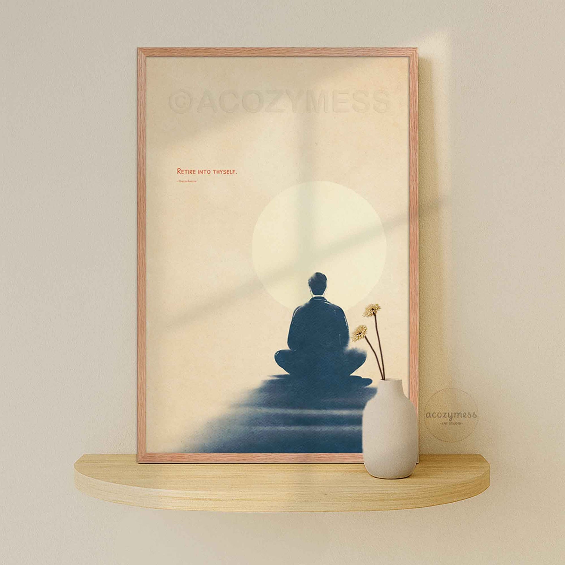 Oakwood Framed minimalist Marcus Aurelius "Retire into thyself" Stoic poster featuring a blue and beige meditation illustration.