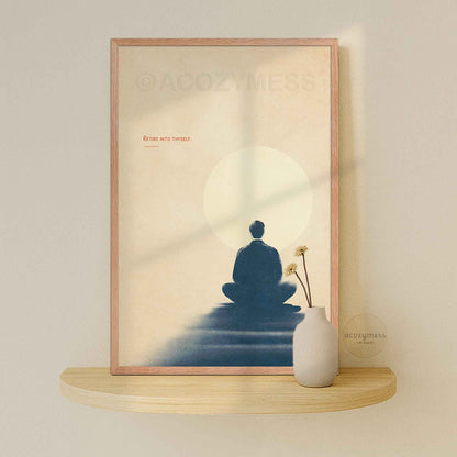 Oakwood Framed minimalist Marcus Aurelius "Retire into thyself" Stoic poster featuring a blue and beige meditation illustration.