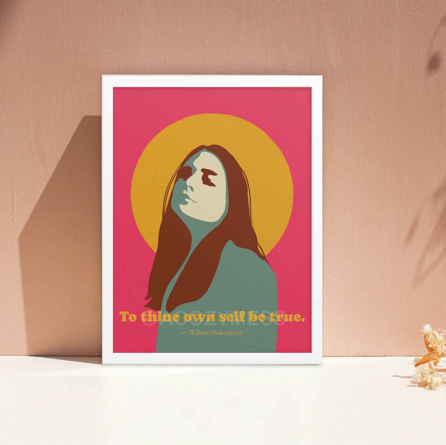 To Thine Own Self Be True quote by Shakespeare and women illustration in pink, brown & yellow on pink background in white frame