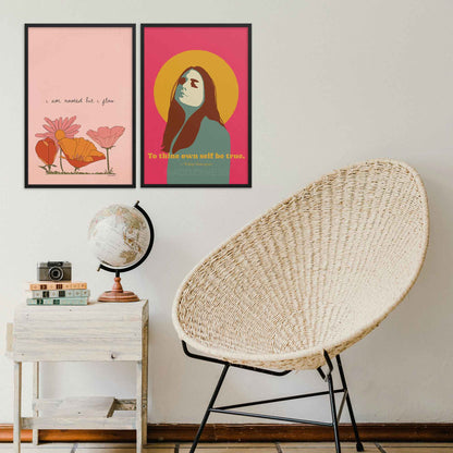 To Thine Own Self Be True quote by Shakespeare print with women illustration in pink, brown & yellow on pink background in black frame. Other is Virginia Woolf book quote poster 