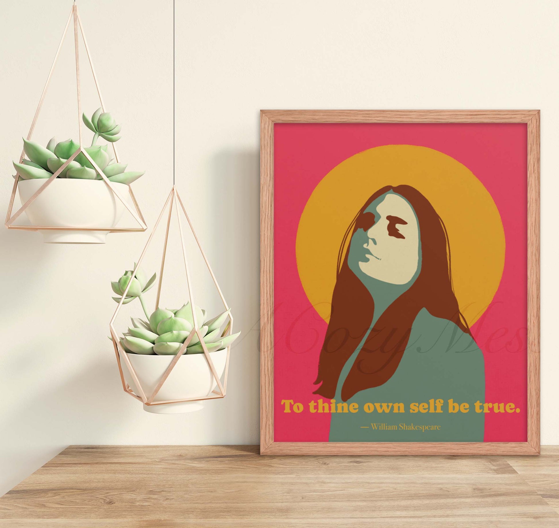To Thine Own Self Be True quote by Shakespeare and women illustration in pink, brown & yellow on pink background in oak frame