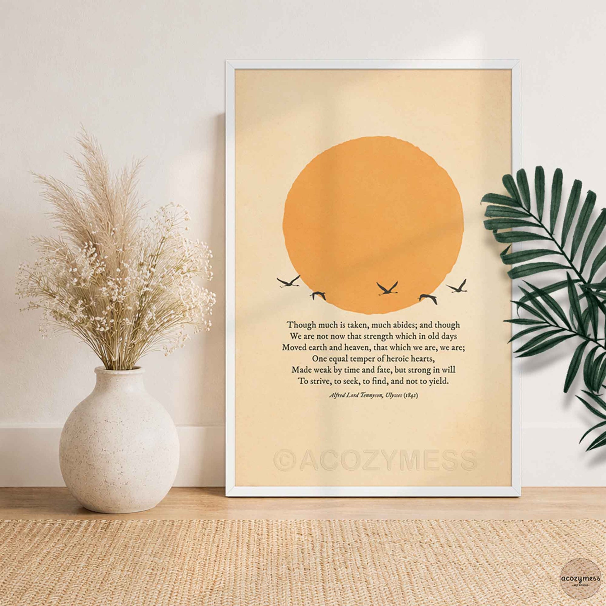 Ulysses poem poster in white frame with beige sun and birds artwork