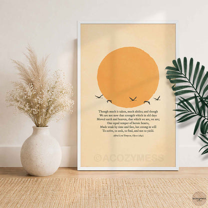 Ulysses poem poster in white frame with beige sun and birds artwork