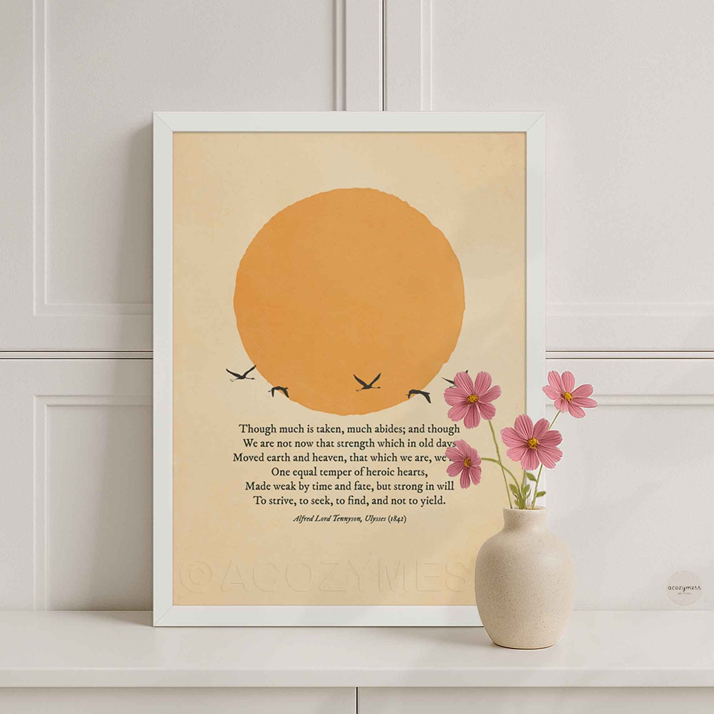 Inspirational literary print of Ulysses excerpt in white frame on warm beige background