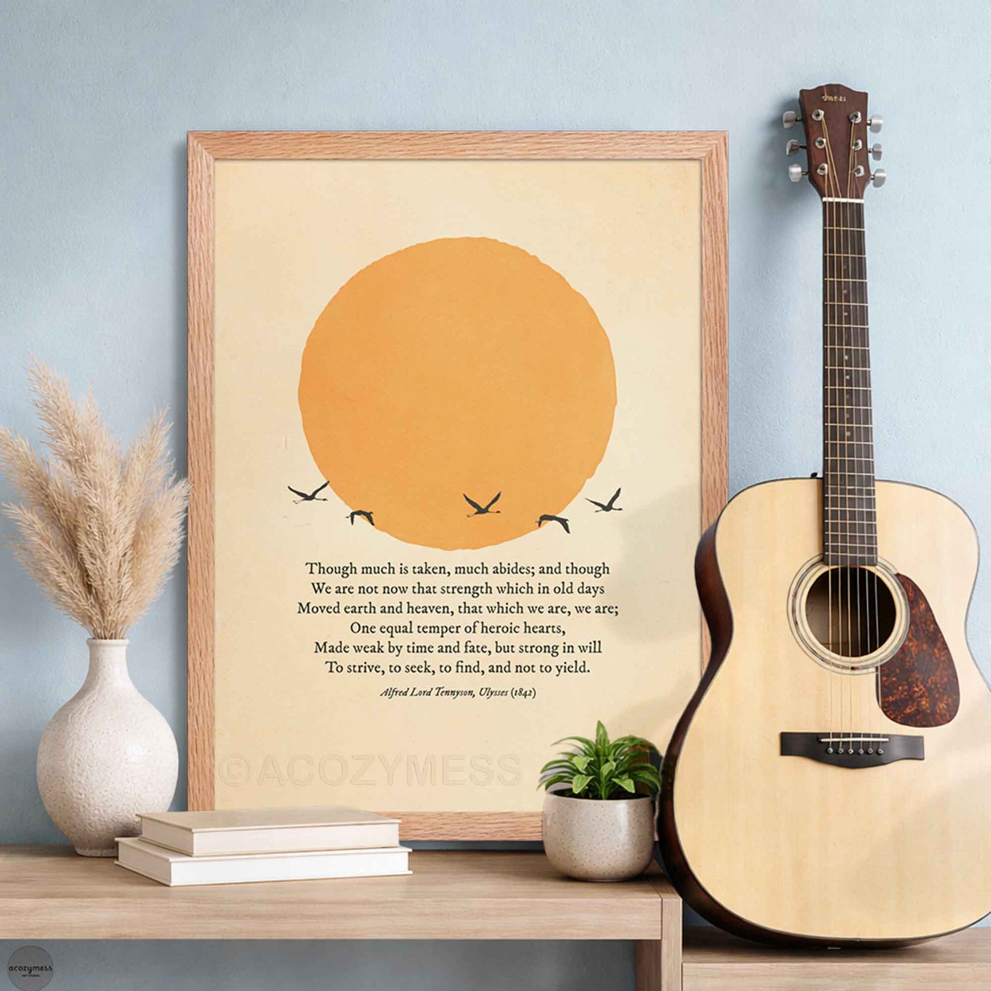 Inspirational Ulysses excerpt print framed in oakwood with sun illustration and birds on beige