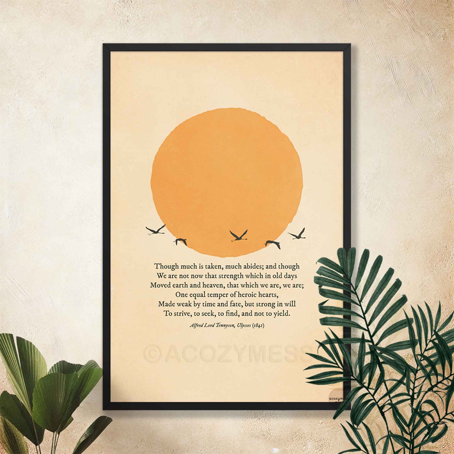 Motivational Ulysses literary print in black frame featuring sun and birds design