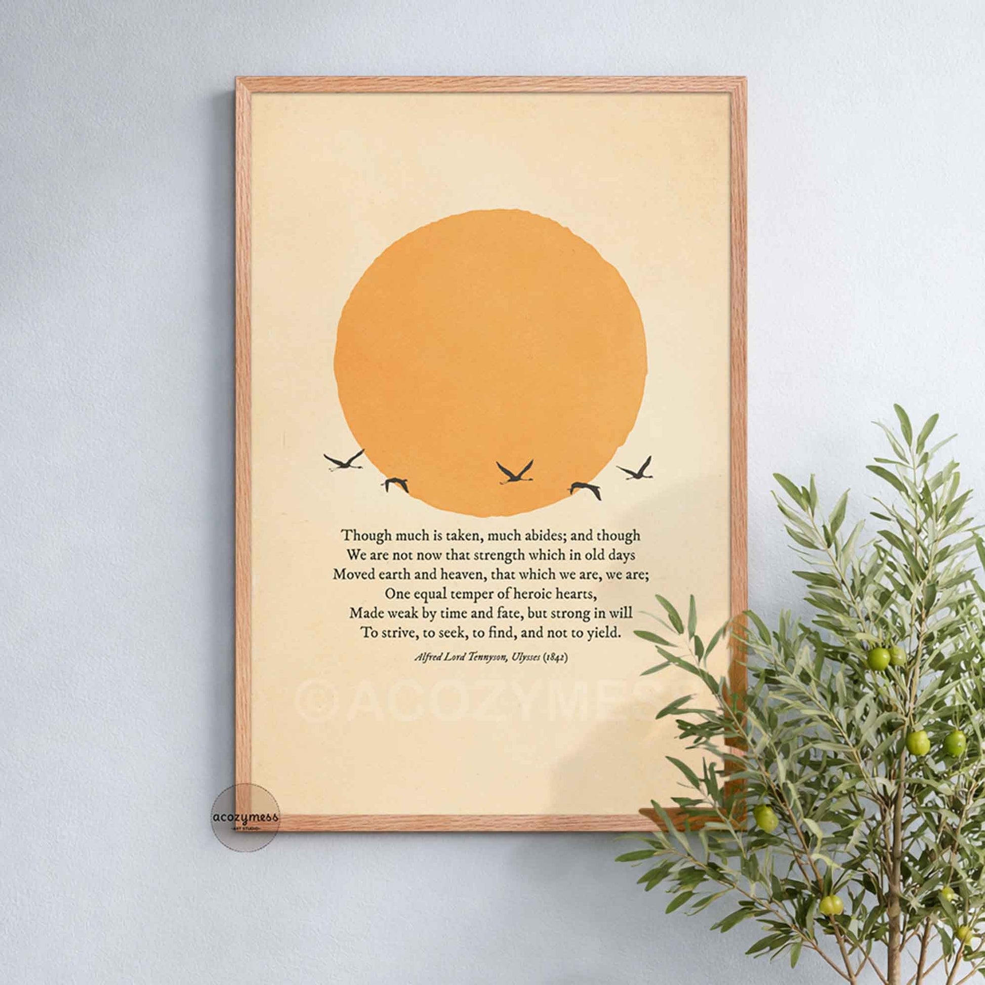 Literary wall art featuring Ulysses quote in natural oakwood frame with minimalist sun design